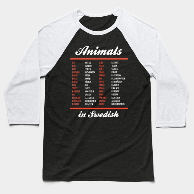 Animals In Swedish - Swedish Language Cheatsheet Baseball T-Shirt by Hidden Verb